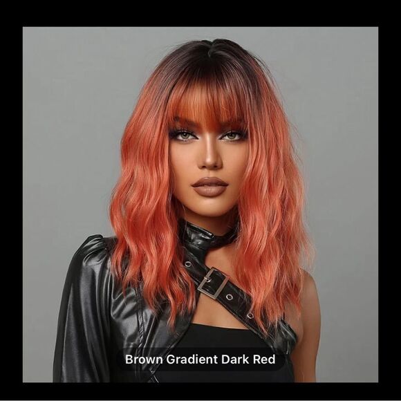 Stunning 18 inch bob water wave, medium length brown granite, dark red ombre wig - Picture 1 of 7